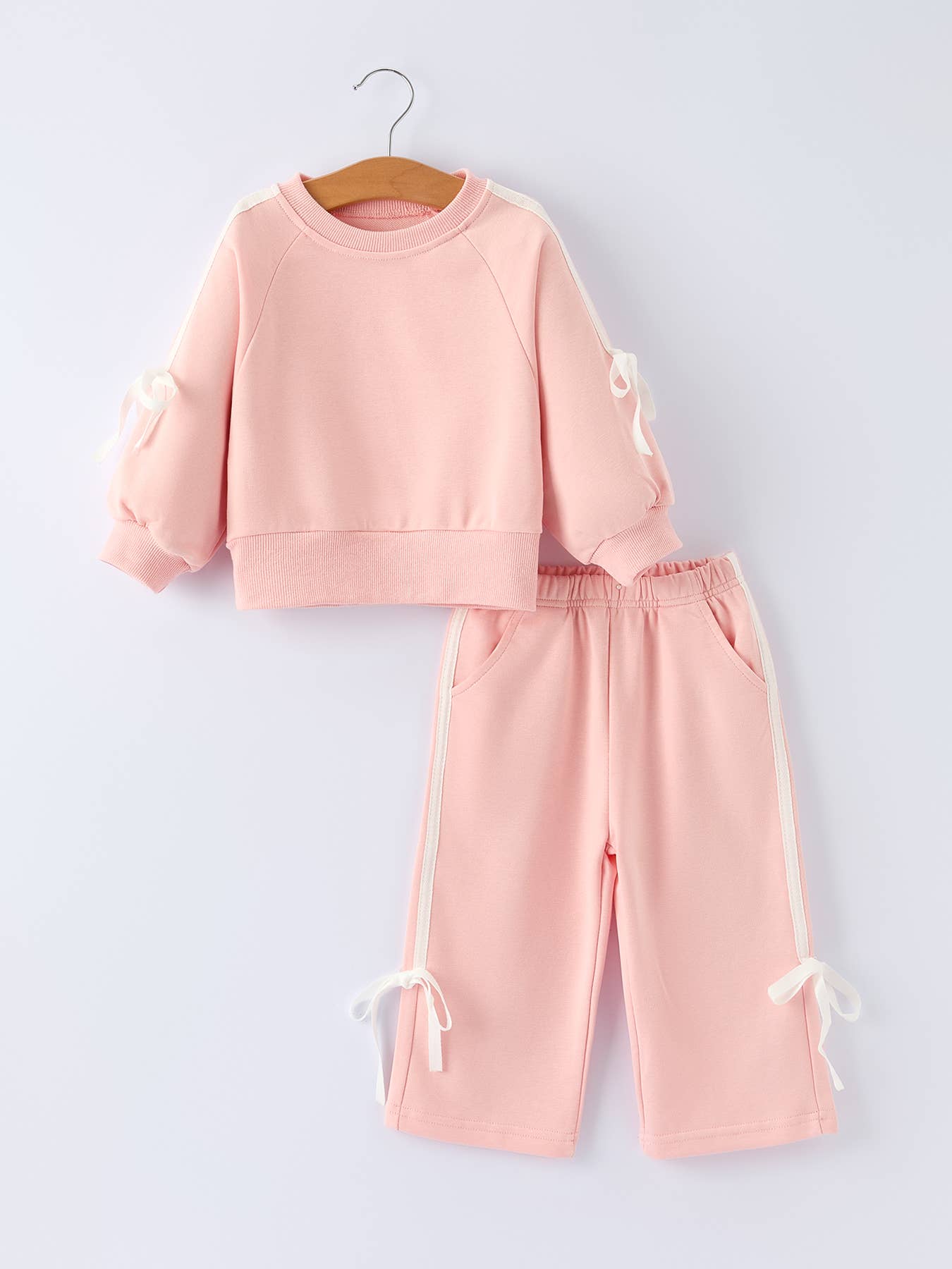 Girls Pink Bow Trim Sweatshirt and Pants Set: Pink / 4