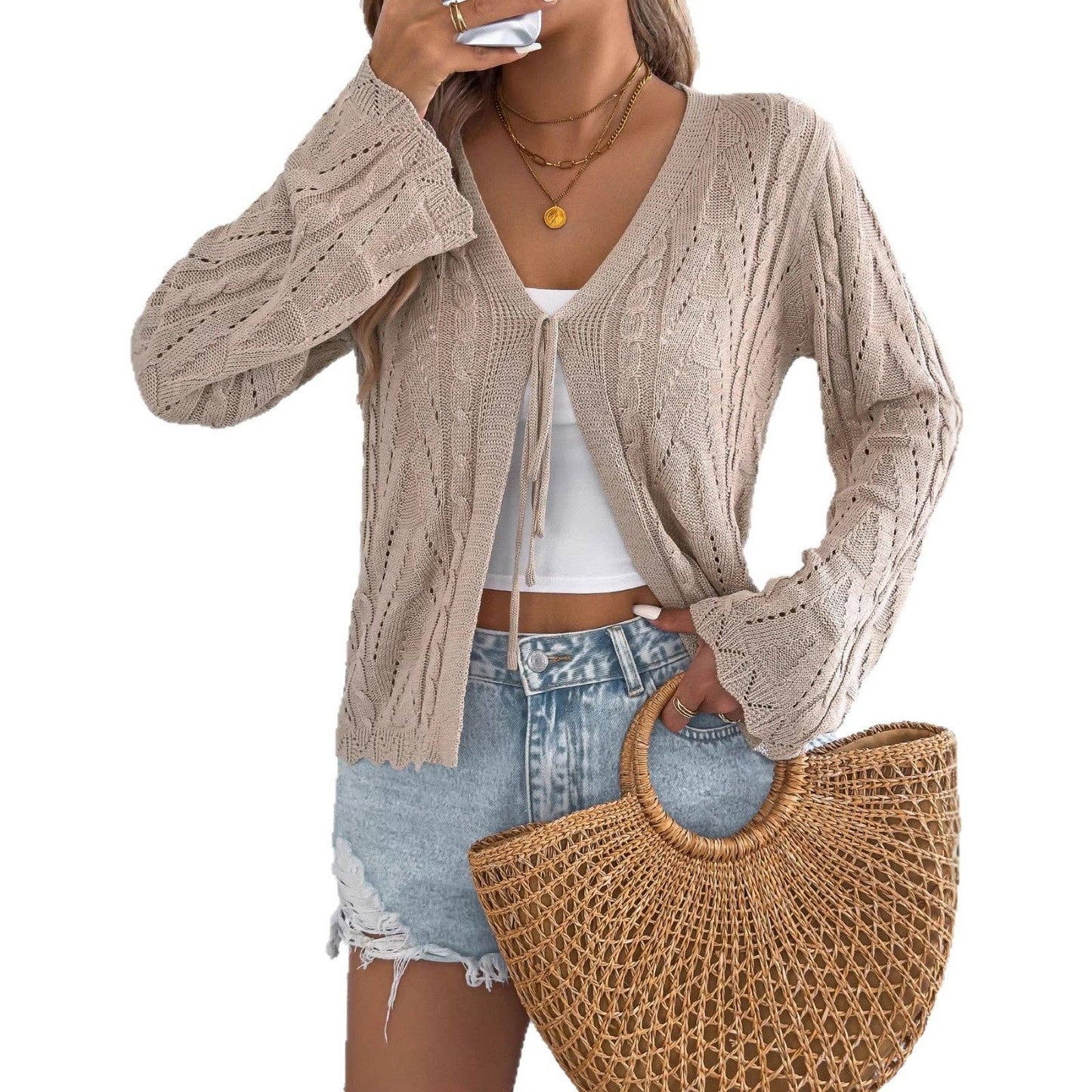 Khaki Tie Front Open Knit Bell Sleeve Cardigan