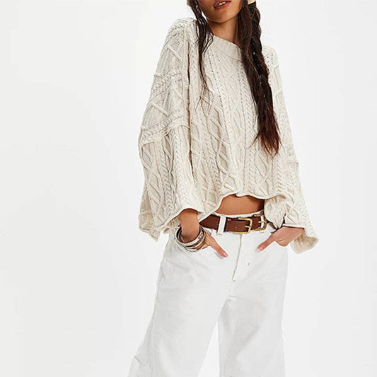 Apricot Cropped Cable Knit Sweater with Bell Sleeves