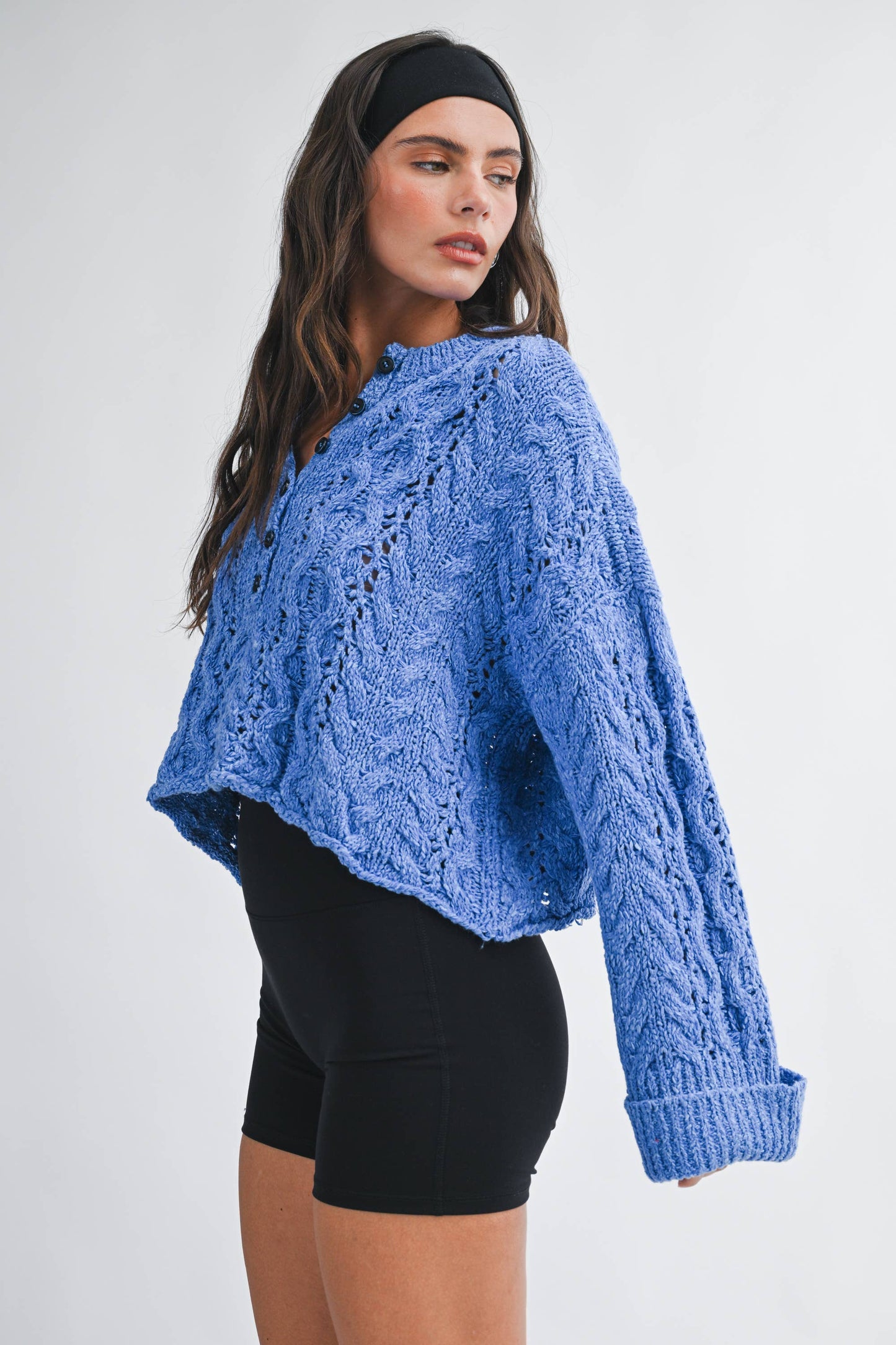 Blue Textured Cropped Henley Knit Sweater