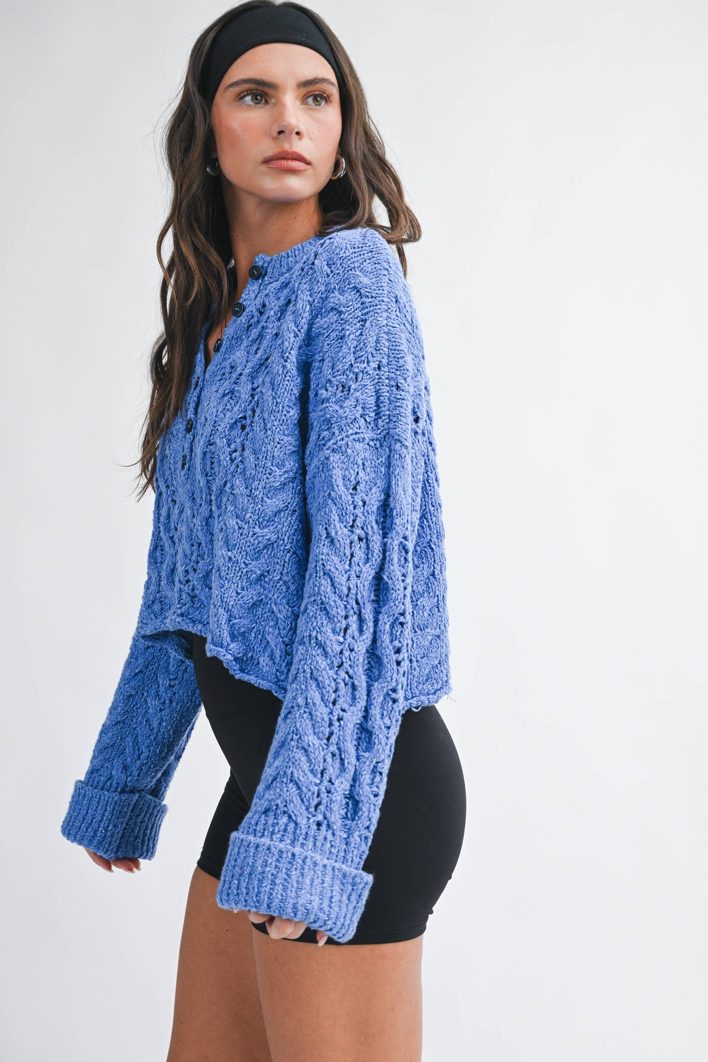 Blue Textured Cropped Henley Knit Sweater