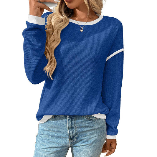 Blue Colorblock Crewneck Knit Long Sleeve Top
