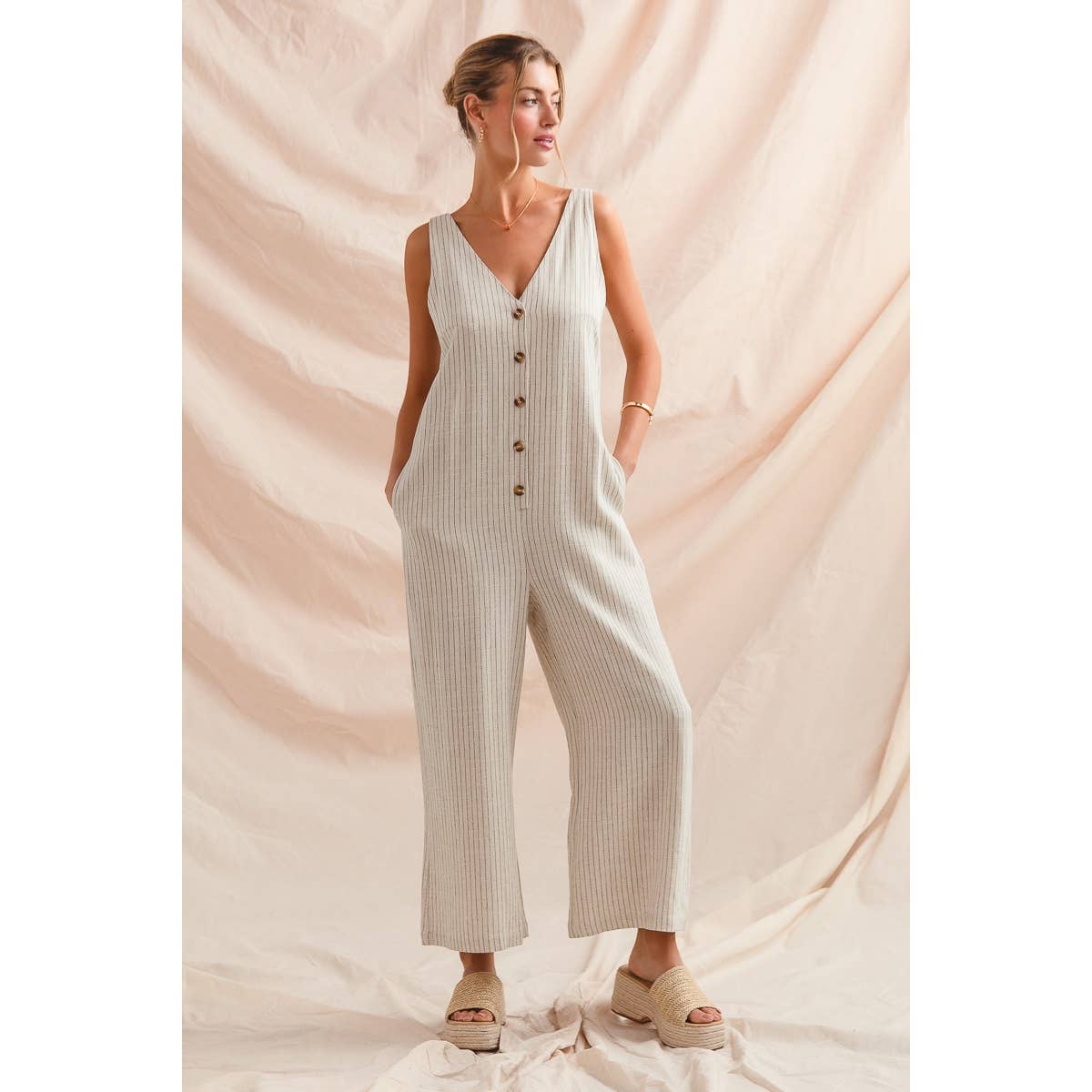 Summer nights button front linen overalls- Oatmeal with black