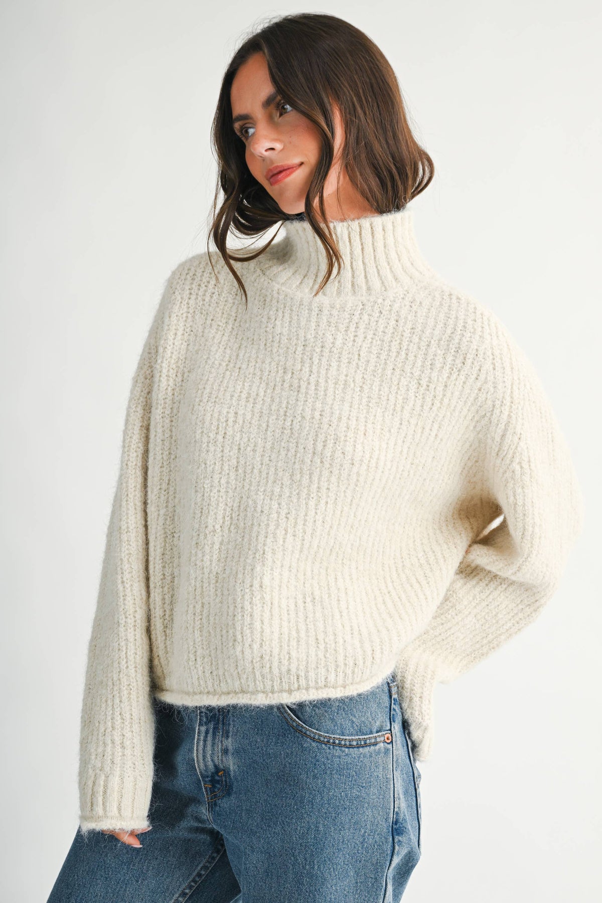 Almond Soft Brushed Mock Neck Sweater
