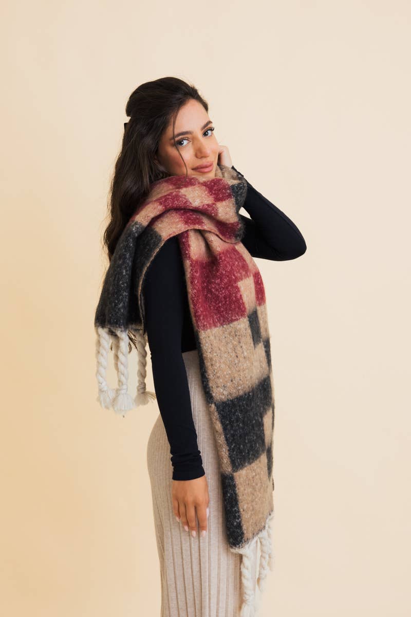 Black Multi Colored Checkered Scarf w/ Tassels