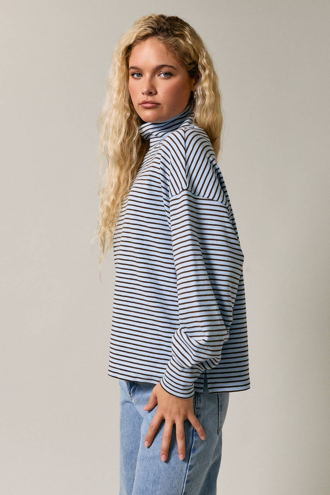 Blue Ridge Mock Neck- Blue-Brown Stripe