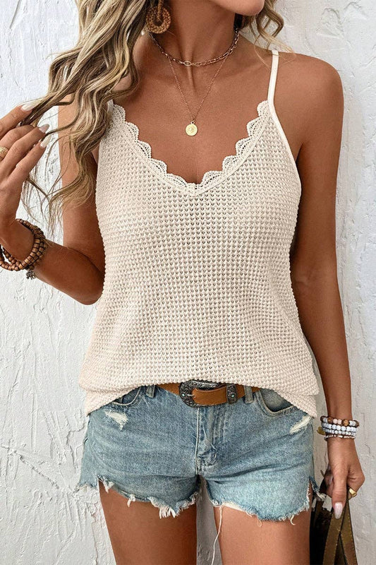 Marissa Crochet Knit Lace Trim Cami Tank Top- off white