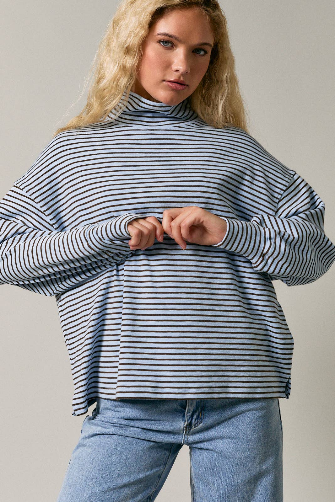 Blue Ridge Mock Neck- Blue-Brown Stripe