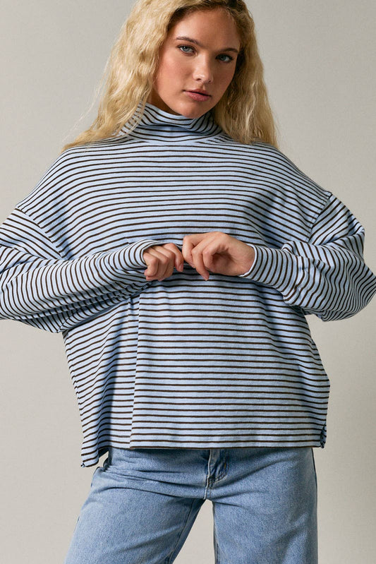 Blue Ridge Mock Neck- Blue-Brown Stripe