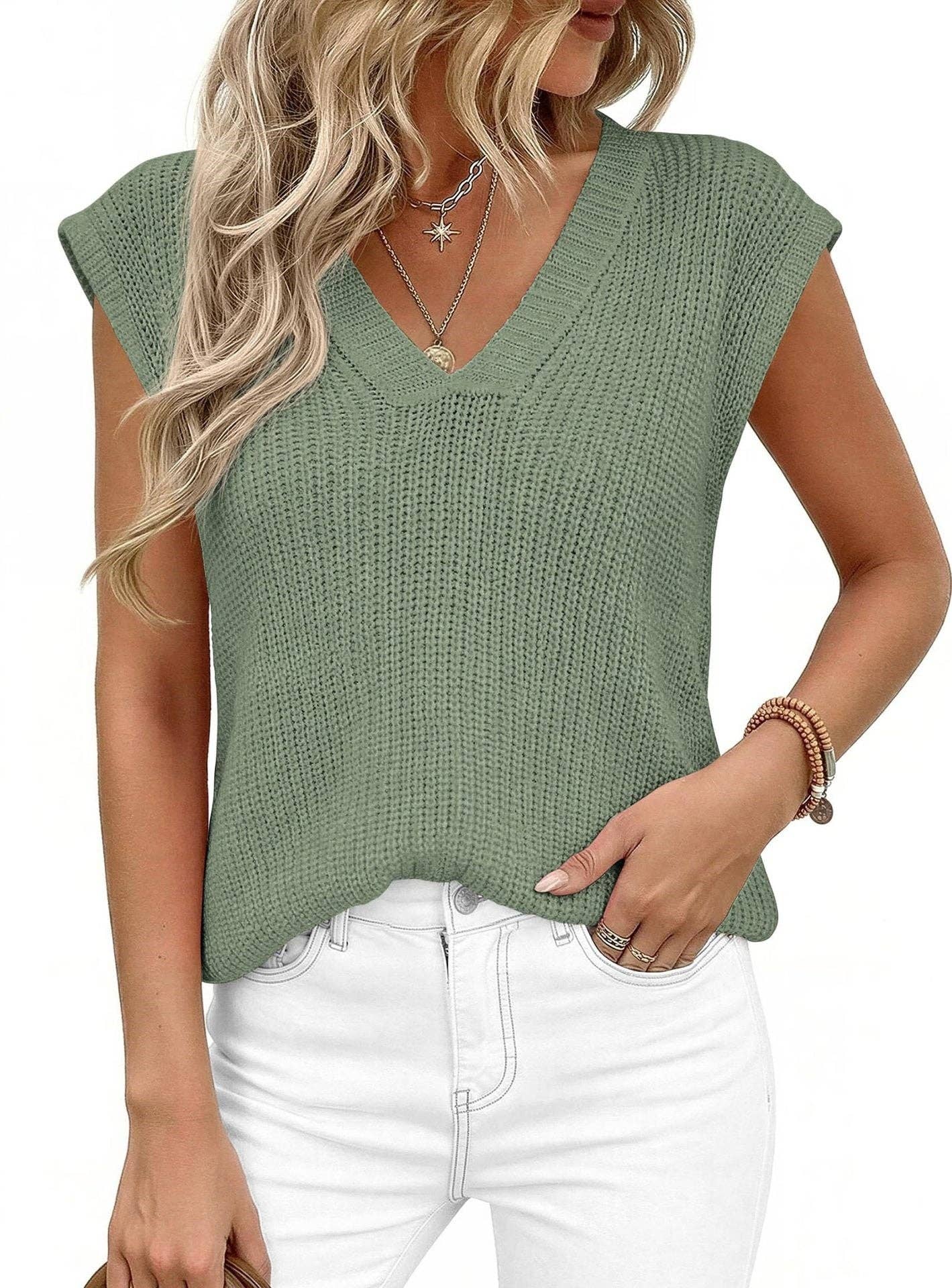 Women’s V Neck Sleeveless  Loose Casual Summer Top: Bean Green