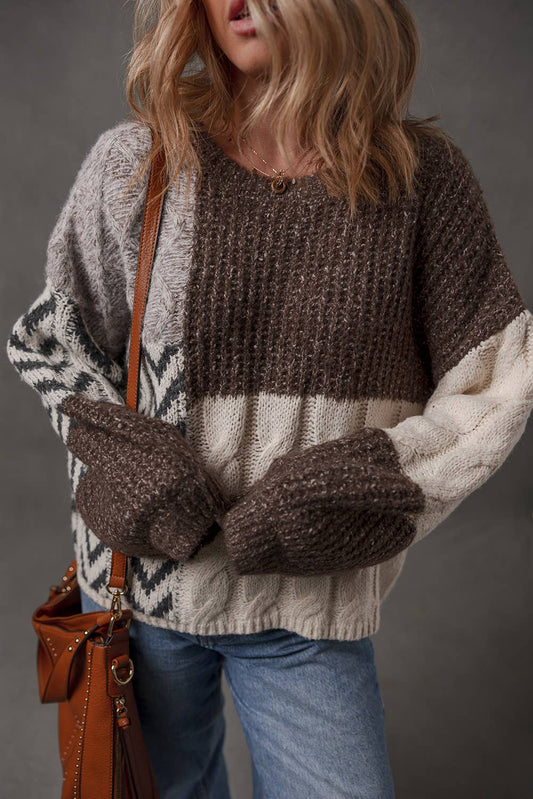 Brown Color Block Patchwork Knotted Back Loose Fit Sweater