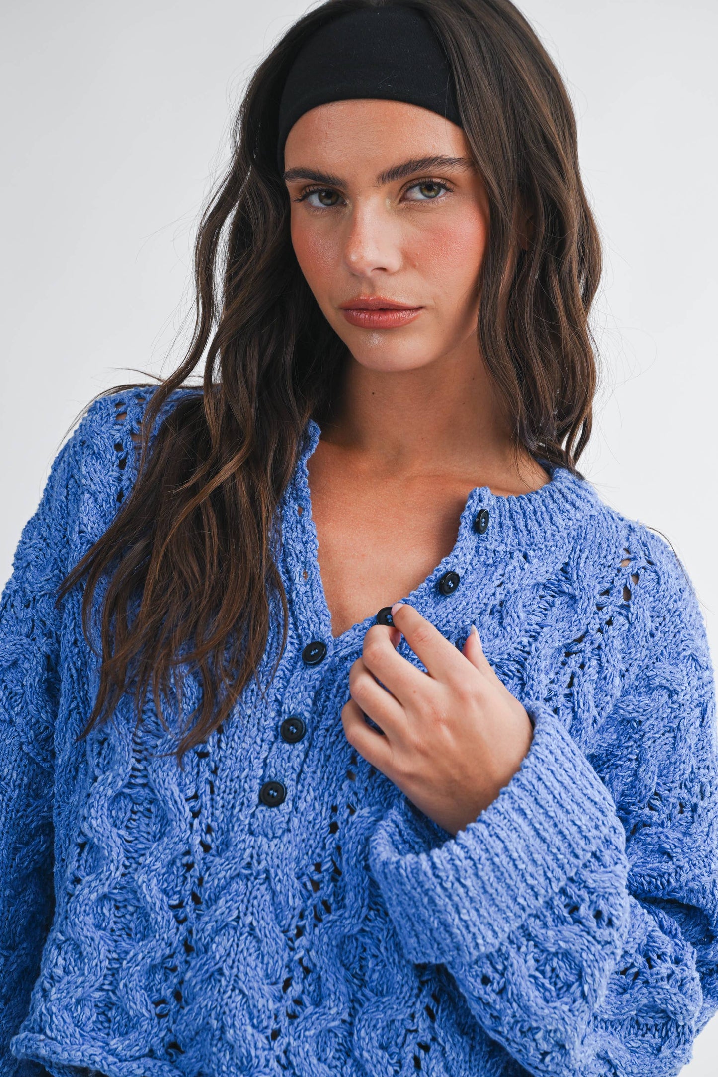 Blue Textured Cropped Henley Knit Sweater