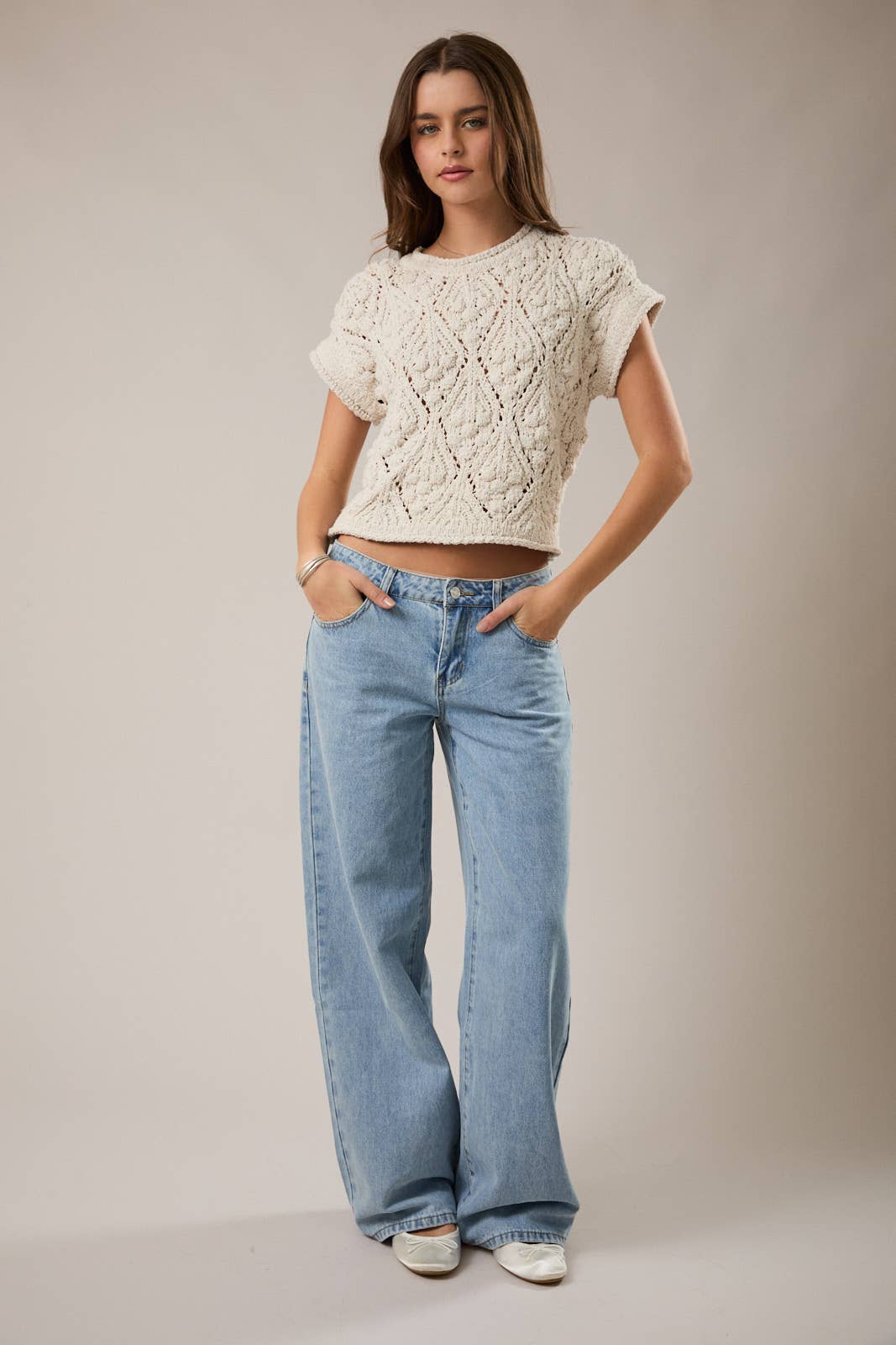 Ivory Lace Knit Short Sleeve Sweater