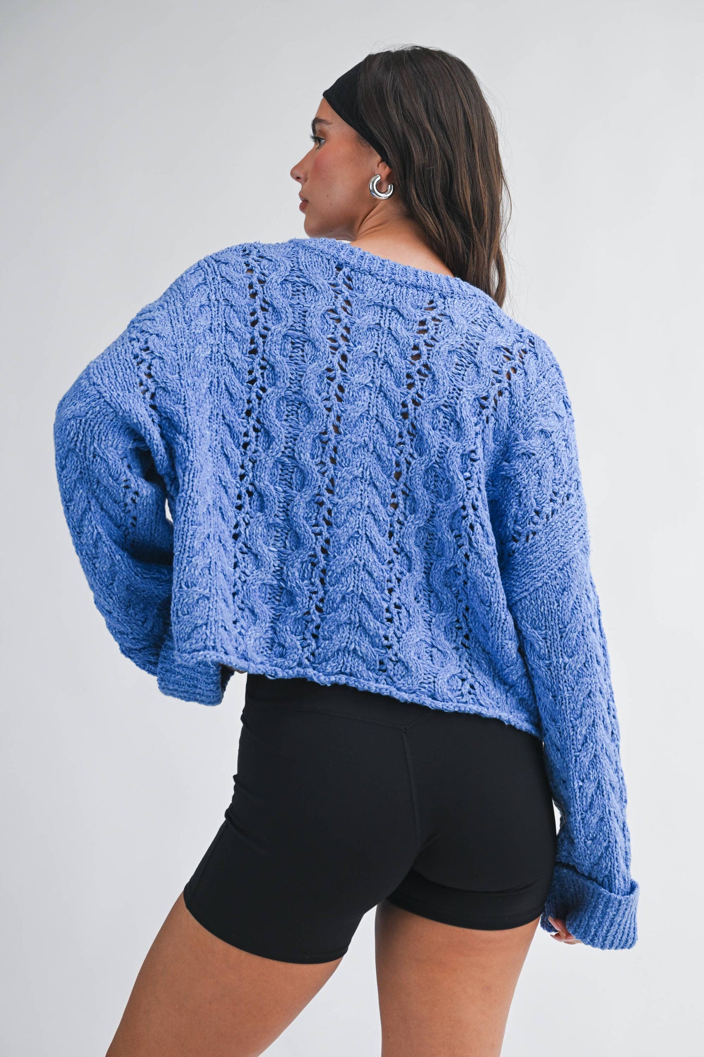 Blue Textured Cropped Henley Knit Sweater