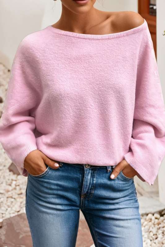 Pink Knit Loose Bracelet Sleeve Dolman Sweater