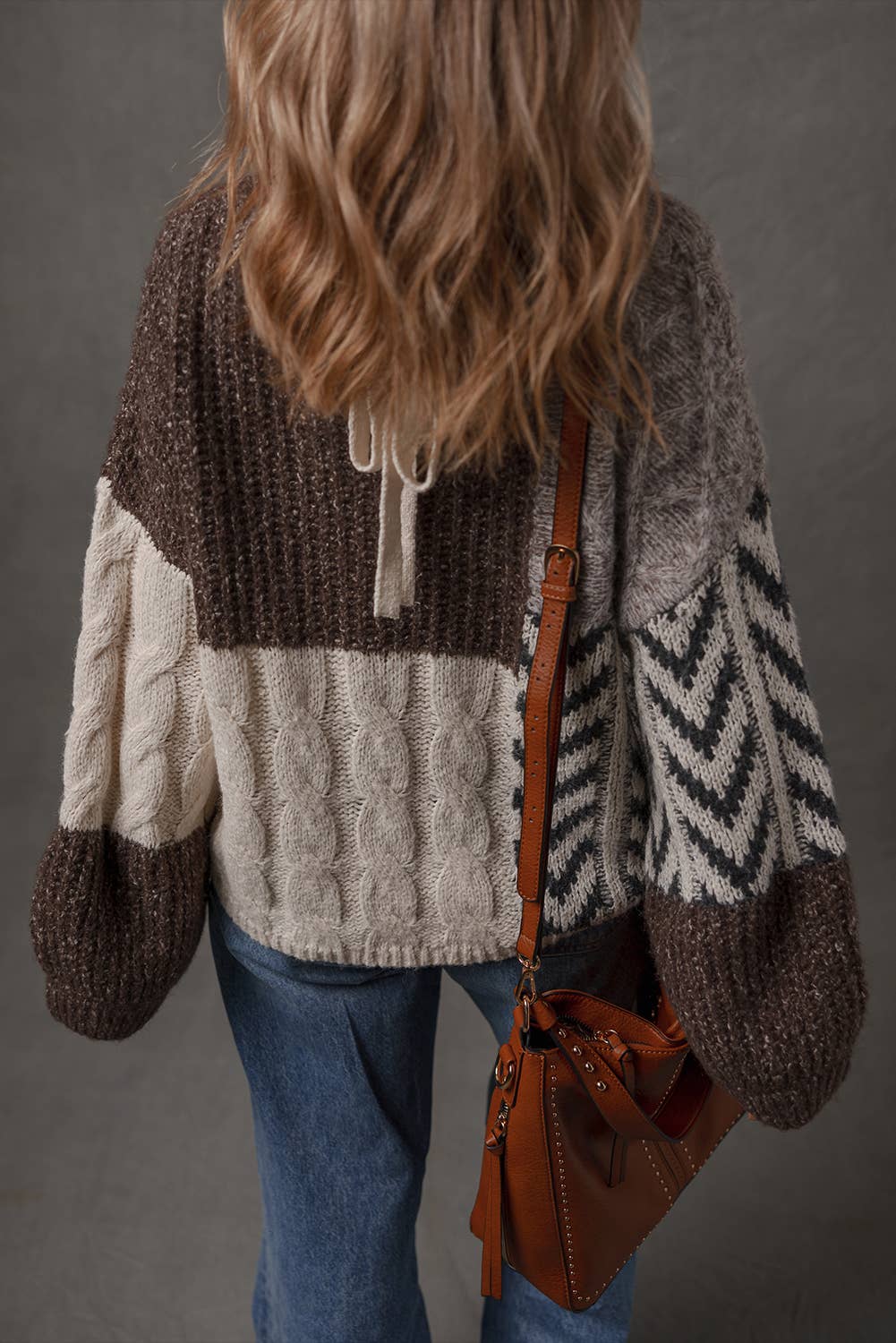 Brown Color Block Patchwork Knotted Back Loose Fit Sweater