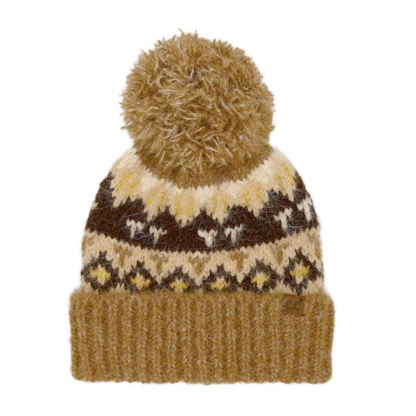 Geometric Pattern Yarn Pom Beanie
