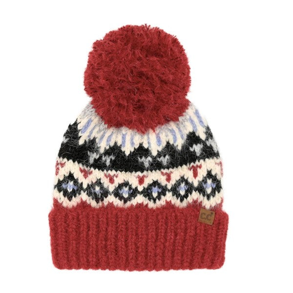 Geometric Pattern Yarn Pom Beanie