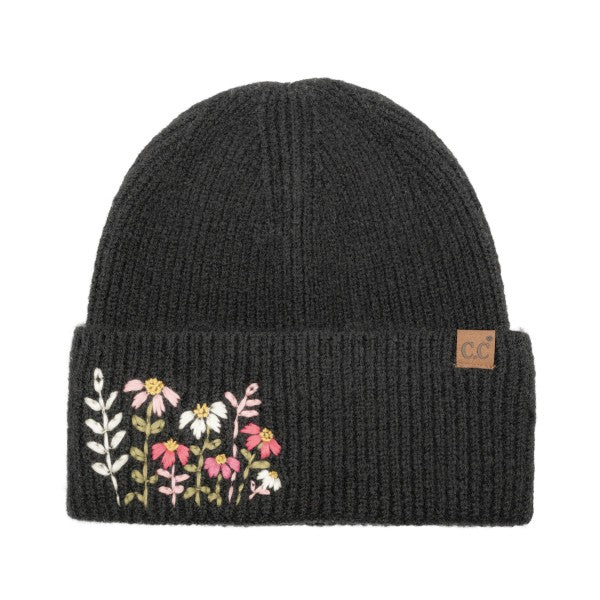 Floral Embroidered Knit Beanie