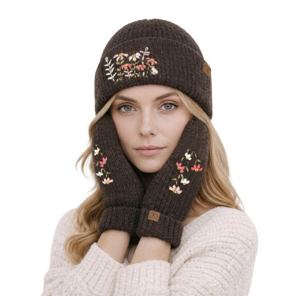 Floral Embroidered Knit Beanie