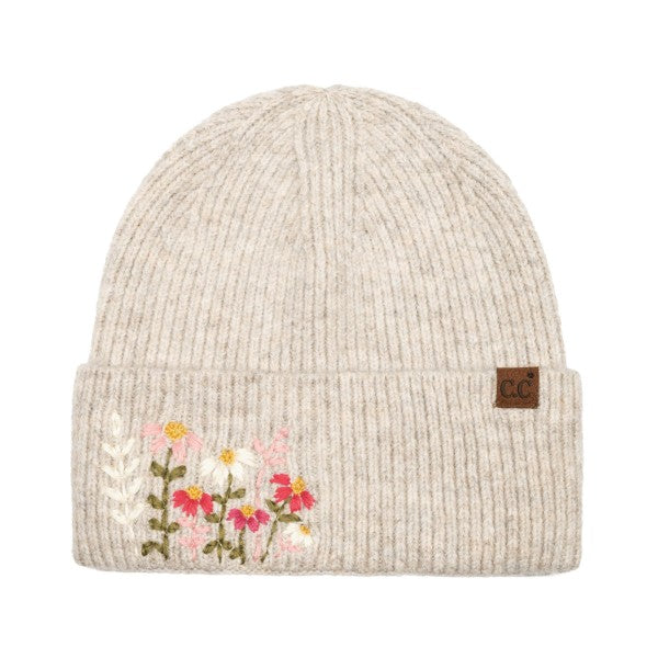 Floral Embroidered Knit Beanie