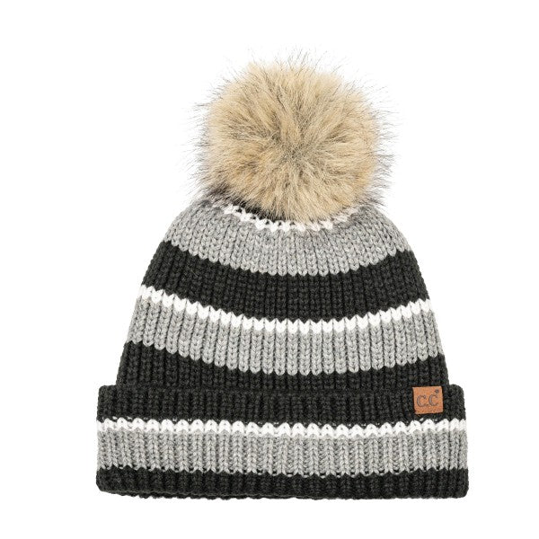 Striped Knit Pom Beanie