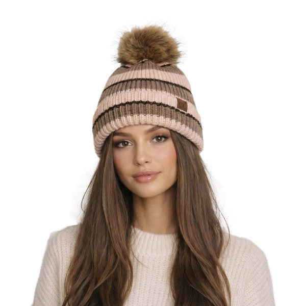 Striped Knit Pom Beanie
