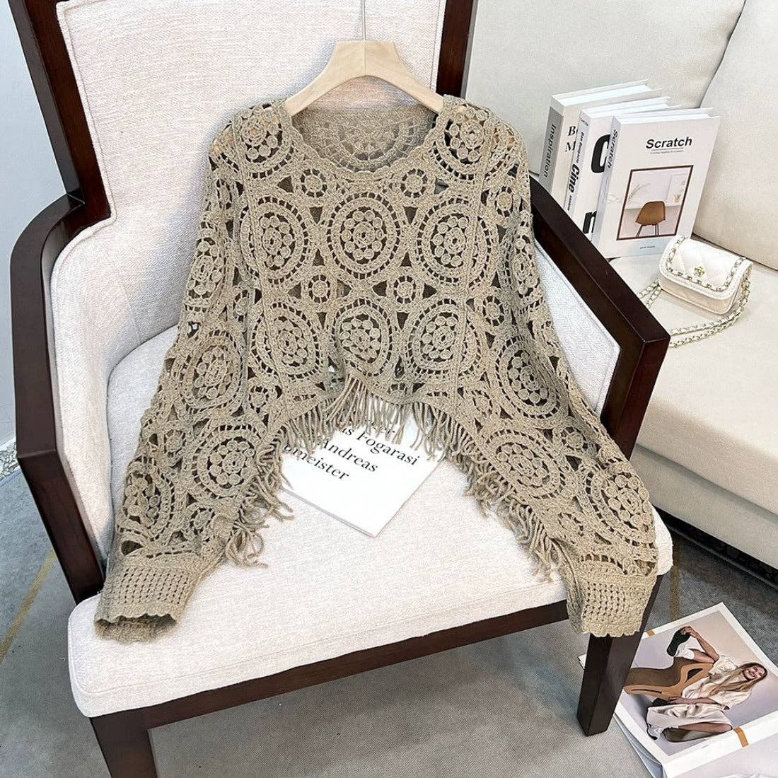 Khaki Hollow Knit Batwing Sweater: One Size