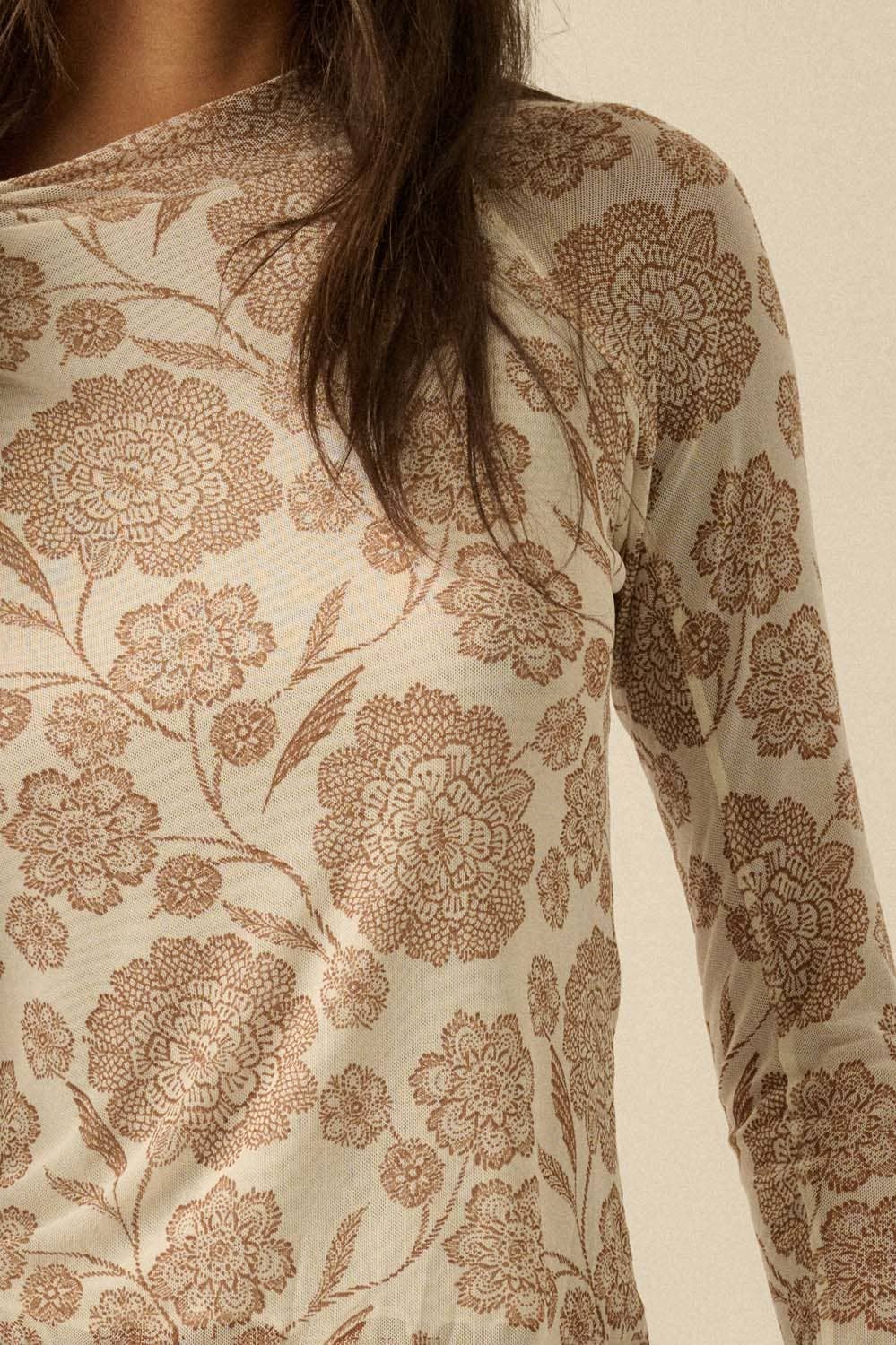 Woodland Bloom Mesh Mock-Neck Raglan Top