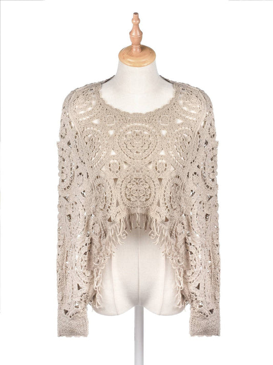 Khaki Hollow Knit Batwing Sweater: One Size