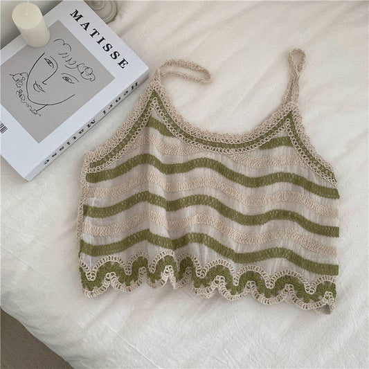 Green Striped Embroidered Summer Tank Top: One Size