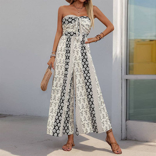 Black Strapless Smocked Romper Tube Top Flare Trousers Jumpsuit