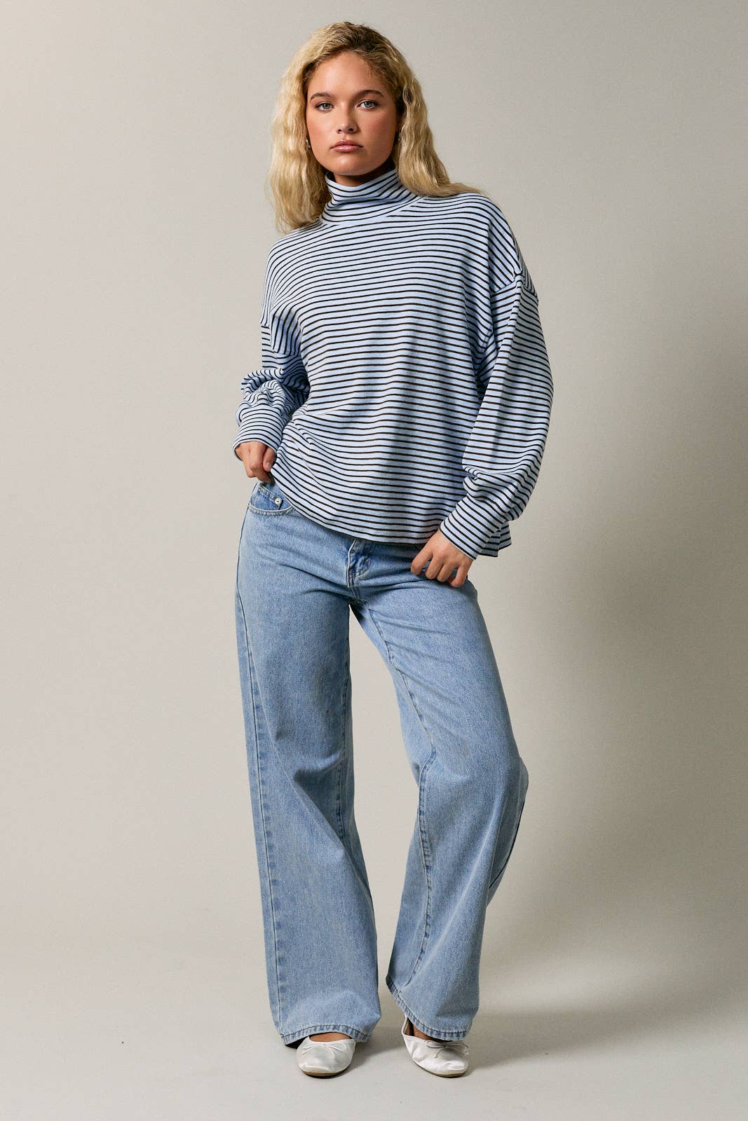 Blue Ridge Mock Neck- Blue-Brown Stripe
