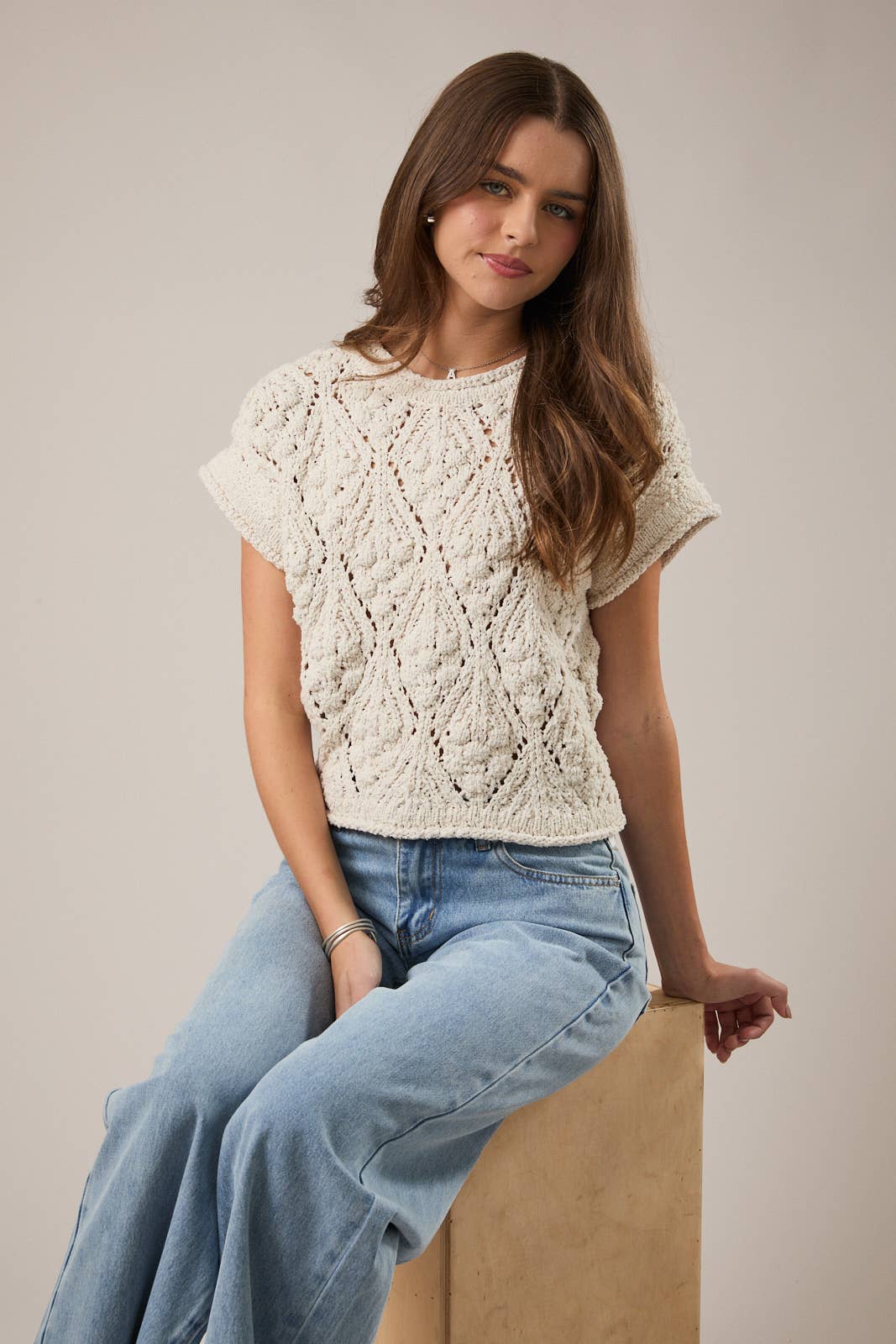 Ivory Lace Knit Short Sleeve Sweater