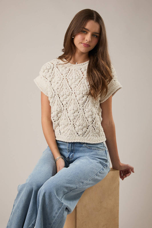 Ivory Lace Knit Short Sleeve Sweater