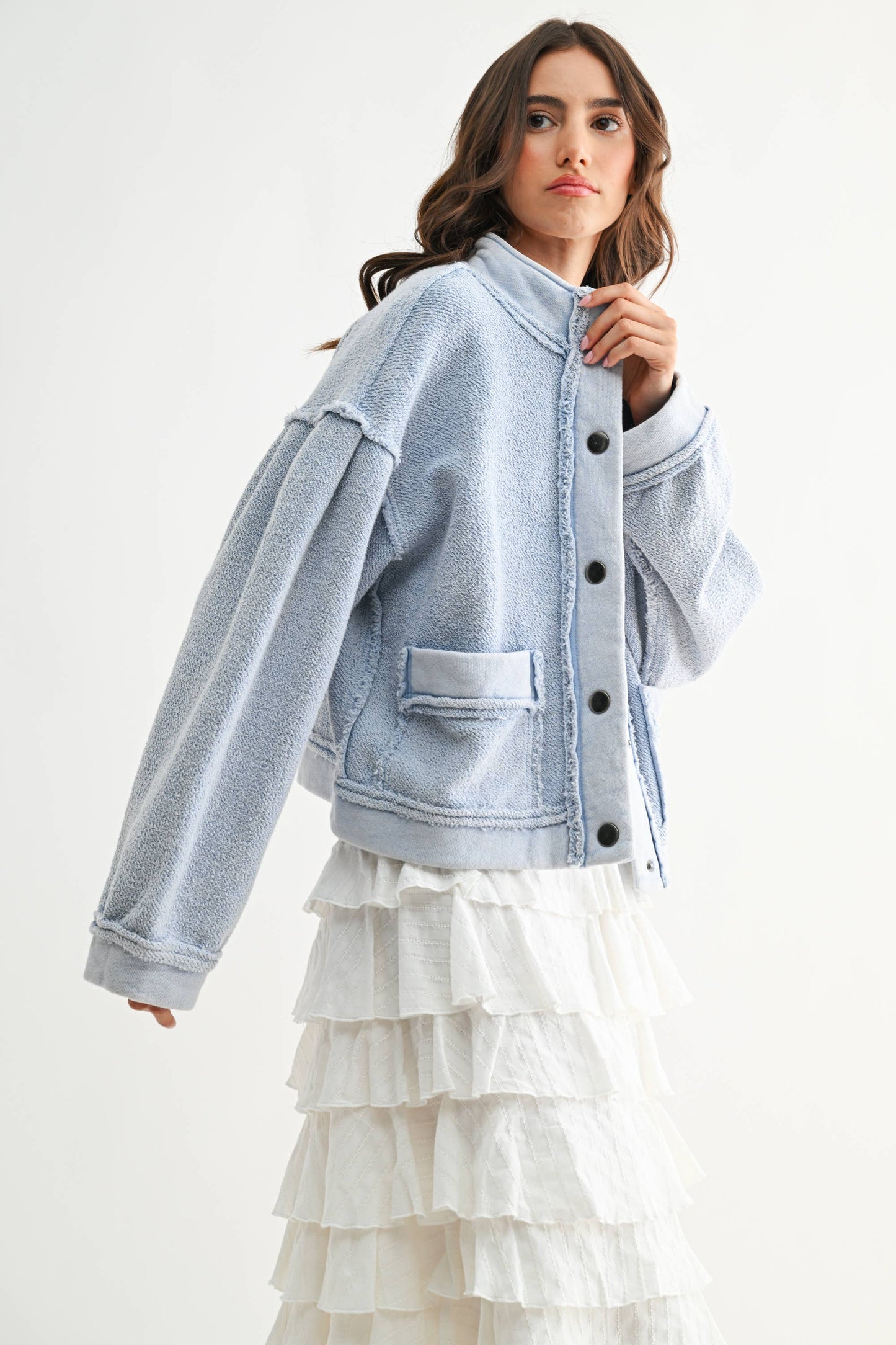 Marissa Boucle Textured Button-Up Jacket: Light Blue