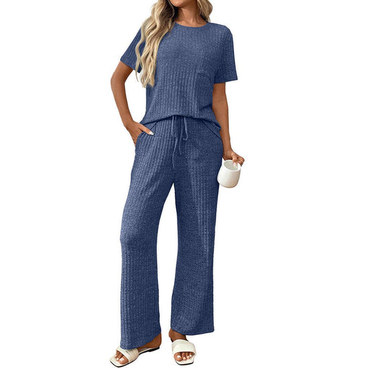 Blue Ribbed Knit Lounge Set with Short Sleeve Top and Pants