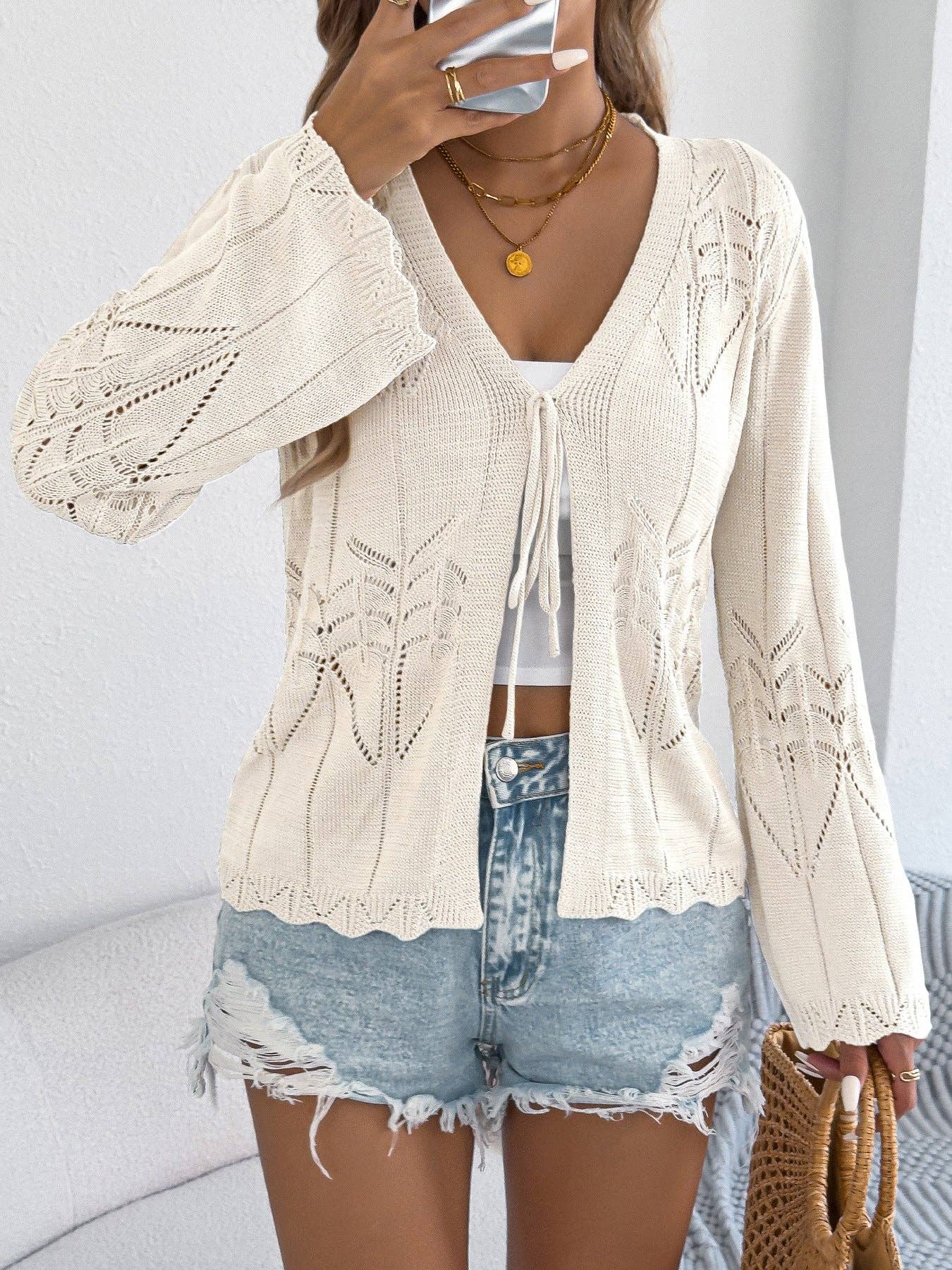 Apricot Crochet Knit Tie Front Cardigan Bell Sleeve