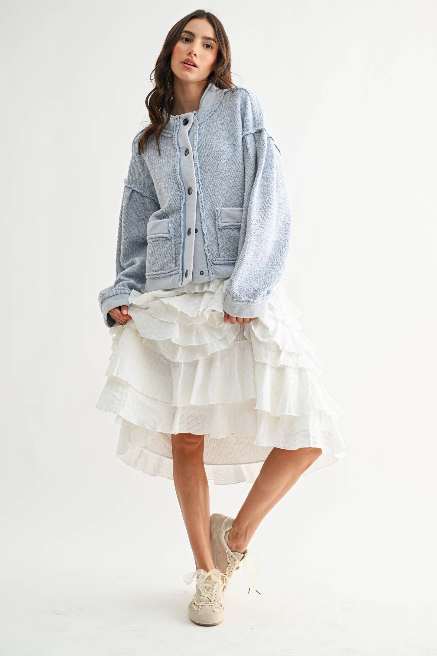 Marissa Boucle Textured Button-Up Jacket: Light Blue