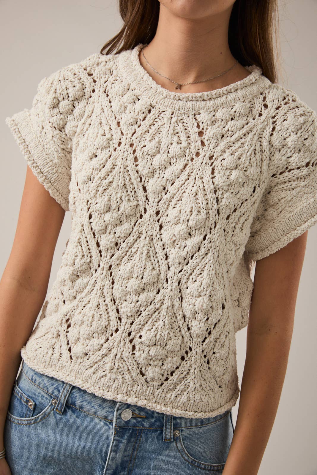 Ivory Lace Knit Short Sleeve Sweater