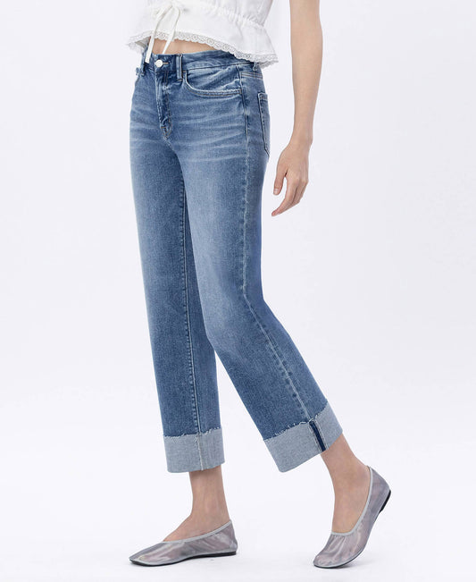HIGH RISE SEAMLESS WAISTBAND CUFFED STRAIGHT JEANS
