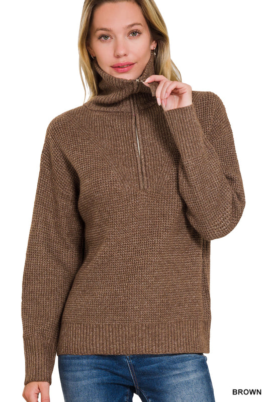 Brown Half Zipped Pull Over Sweater