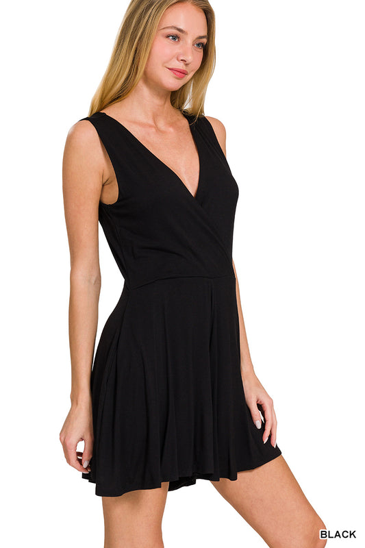 Black Crossover Neck Short Romper