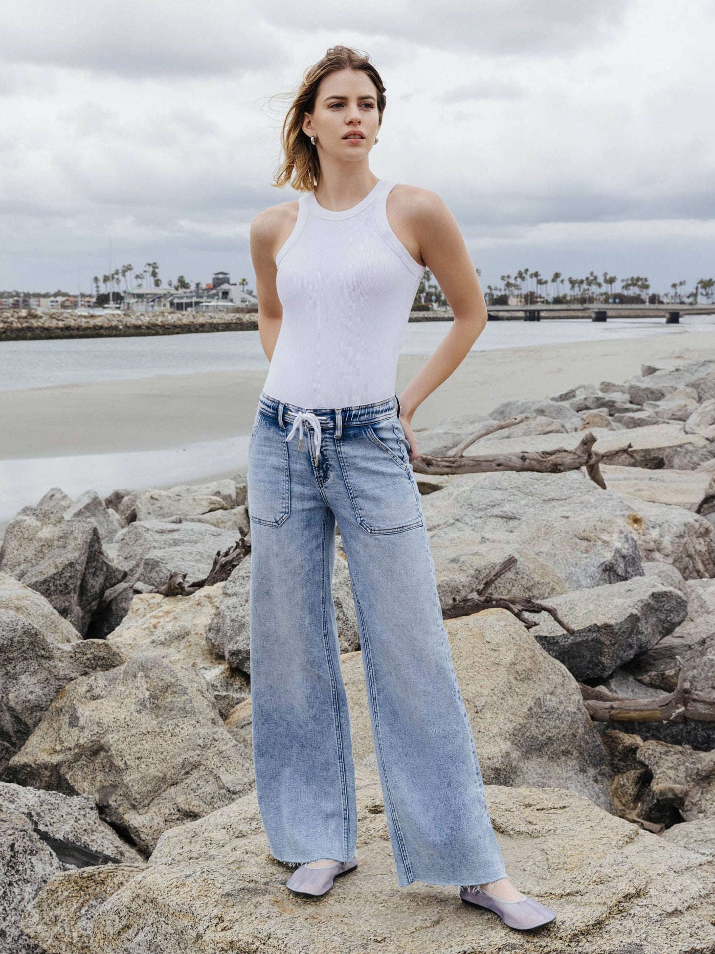 SADIE HIGH RISE DRAWSTRING WAISTBAND WIDE LEG JEANS
