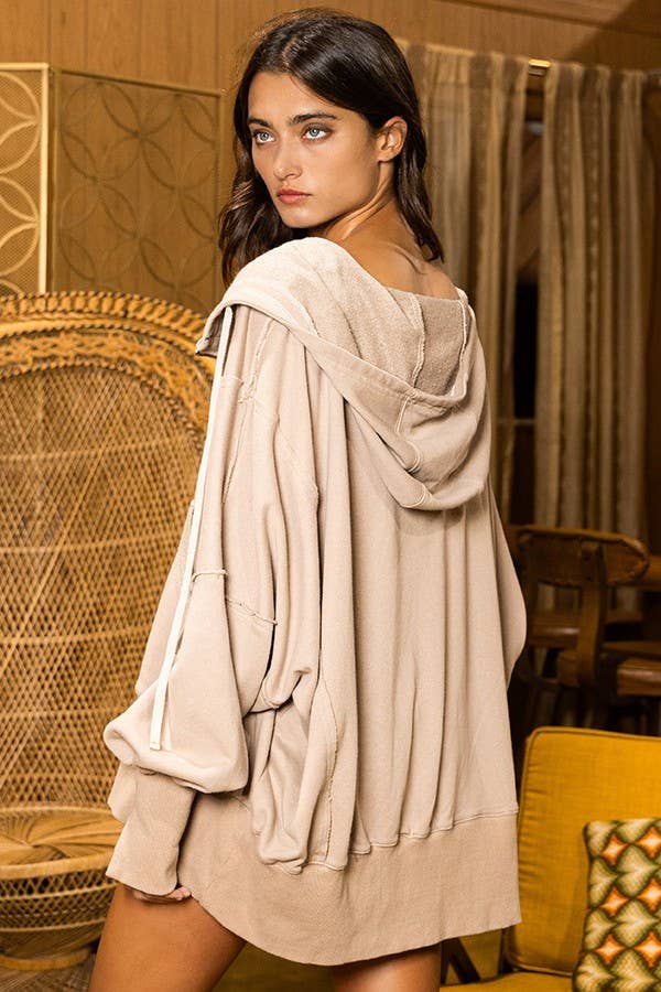 Ella Taupe Mineral Washed French Terry Zip-up Oversize Sweatshirt