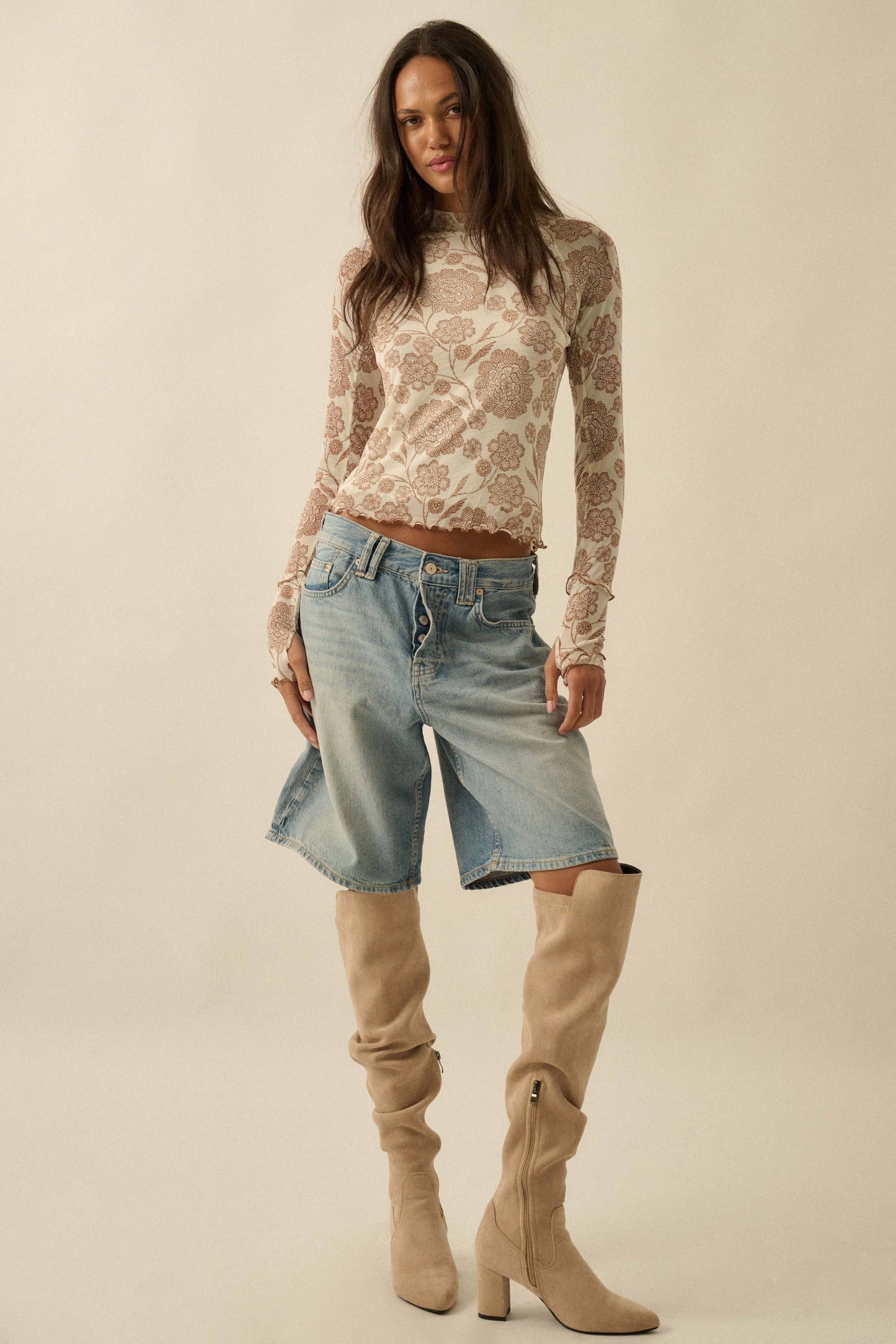 Woodland Bloom Mesh Mock-Neck Raglan Top