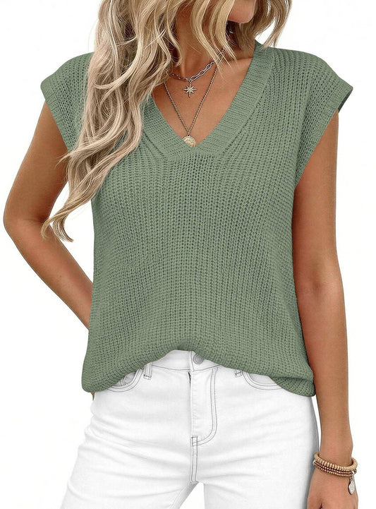 Women’s V Neck Sleeveless  Loose Casual Summer Top: Bean Green