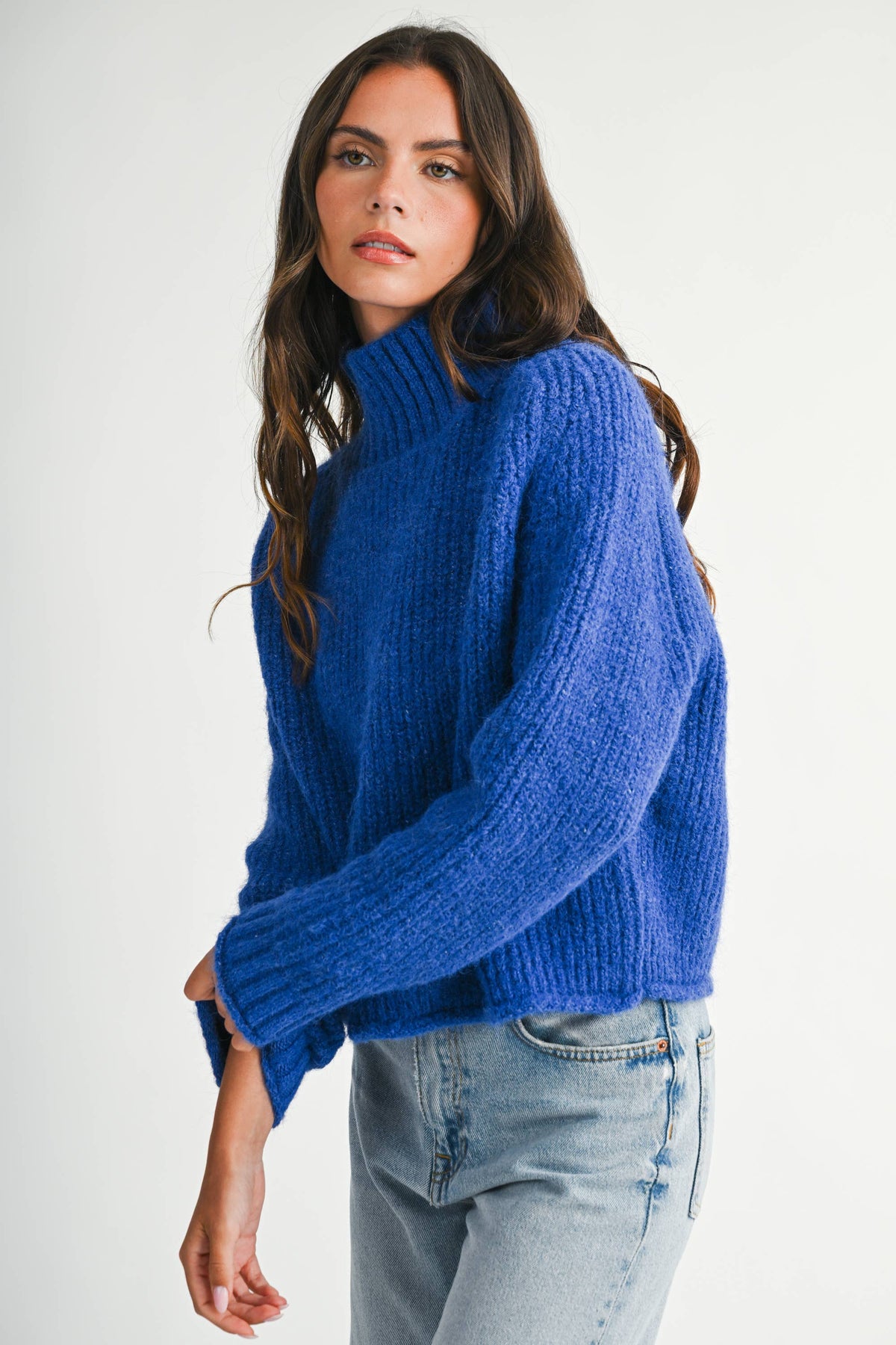 Cobalt Soft Brushed Mock Neck Sweater