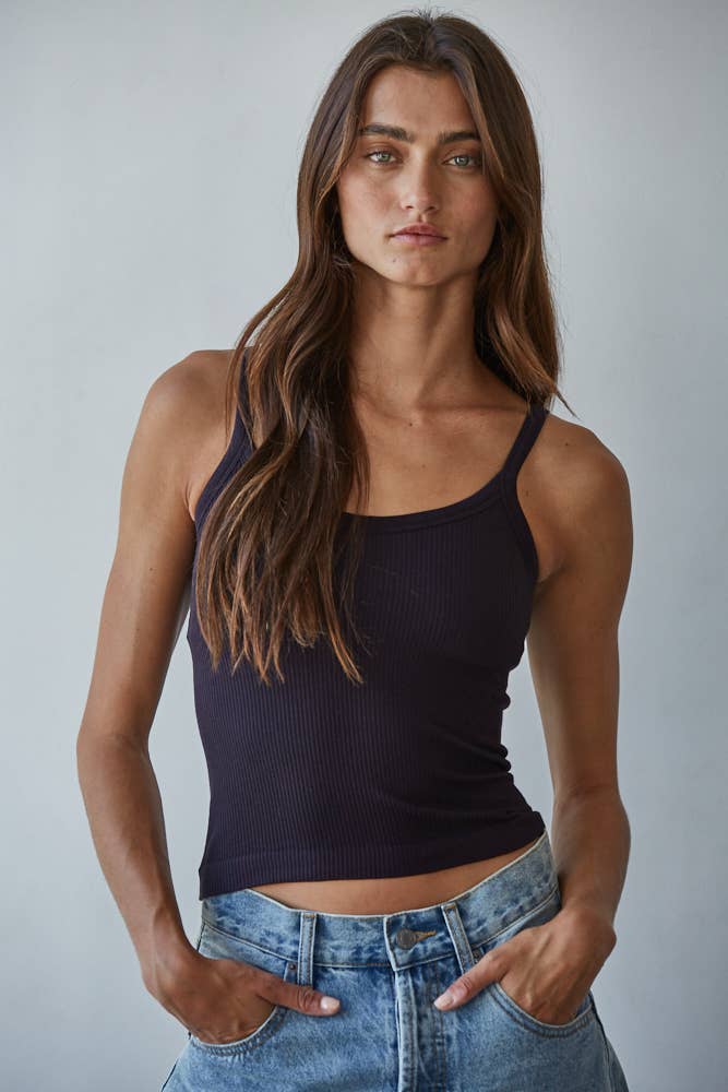 Black Seamless Ribbed Tank with Inner Padded Lining