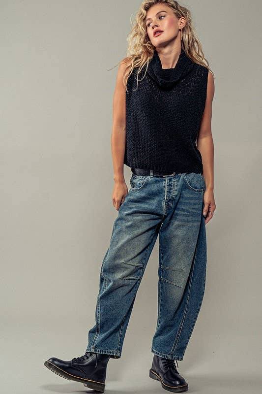Sleeveless Cowl Neck Black Crochet Top